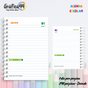 Agenda Escolar 2025 - Miolo em Papel Offset 75g 15x21cm - Impressão colorida - Capa dura com Laminação - Wire-o - Bolso plástico transparente e fechamento com elástico
