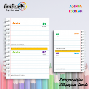 Agenda Escolar 2025 - Miolo em papel Offset 75g 15x21cm - Impressão colorida - Capa dura com Laminação - Wire-o - Bolso plástico transparente e fechamento com elástico