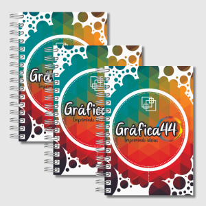 Caderno Comercial Folhas Internas Papel Offset 75g. 14 x 20 cm - 80 folhas Impressão Colorida. Capa flexível com Laminação Fosca Wire-o. 